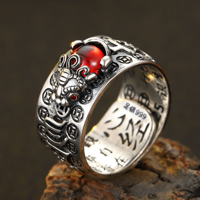 Buddha Stones Fengshui Pixiu Red Garnet Heart Sutra Wealth Ring