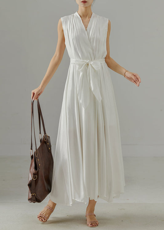 White V Neck Tie Waist Cotton Dress Sleeveless