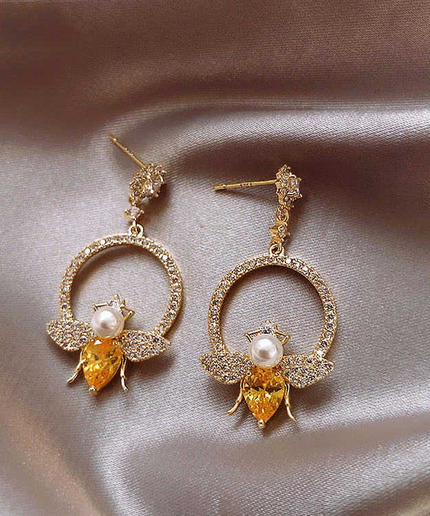 Yellow Alloy Crystal Zircon Bee Hoop Earrings