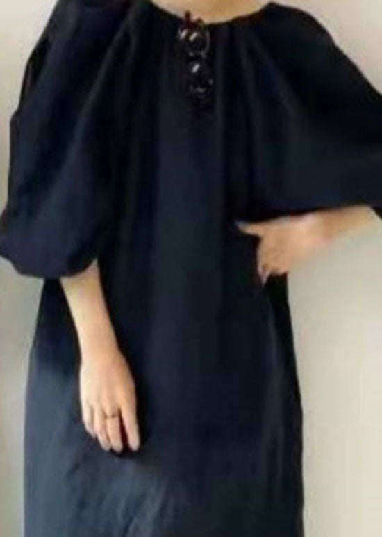 Black V Neck Side Open Cotton Dresses Puff Sleeve