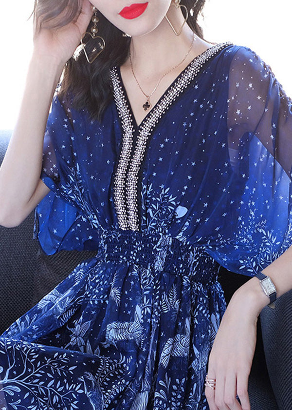 Blue V Neck Print Nail Bead Chiffon Dresses Batwing Sleeve