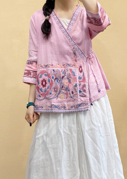 Italian Rose Embroideried Tie Waist Linen Shirts Spring