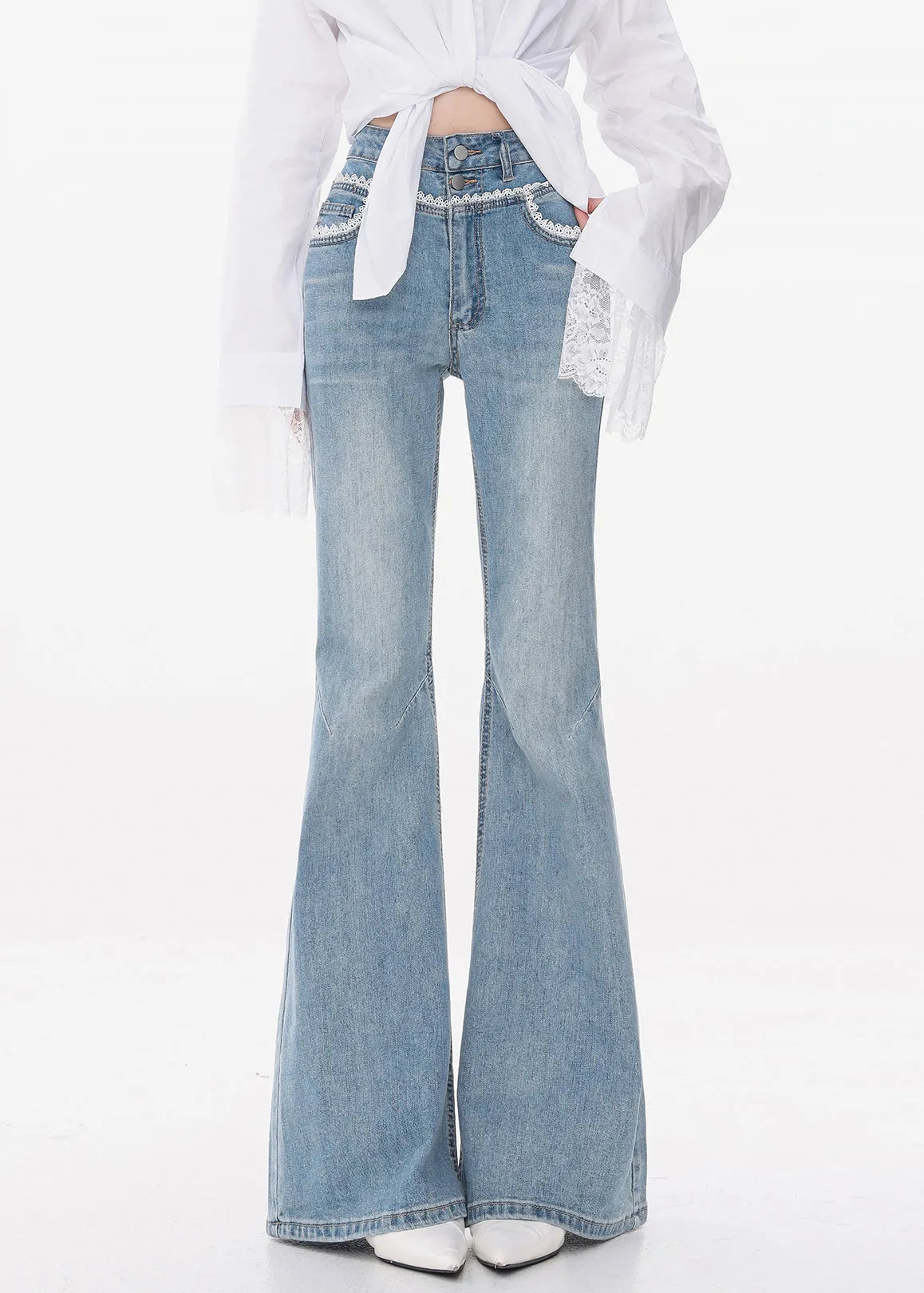 Slim Fit Blue Lace High Waist Denim Flared Trousers Fall