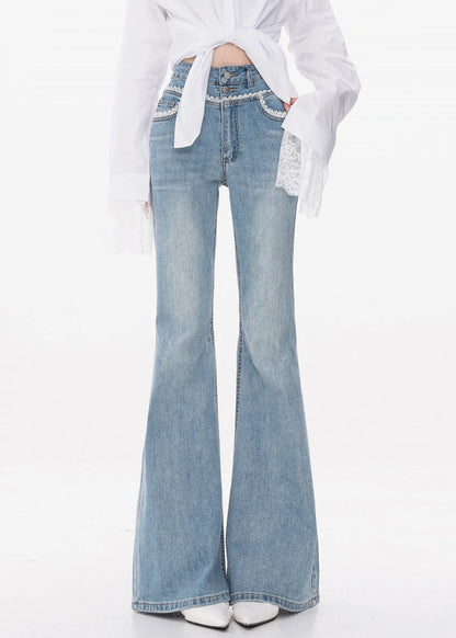 Slim Fit Blue Lace High Waist Denim Flared Trousers Fall