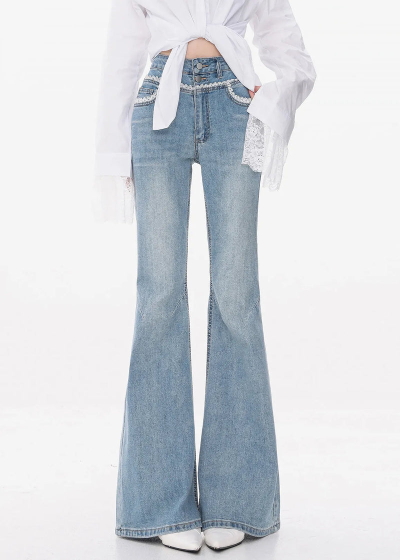 Slim Fit Blue Lace High Waist Denim Flared Trousers Fall