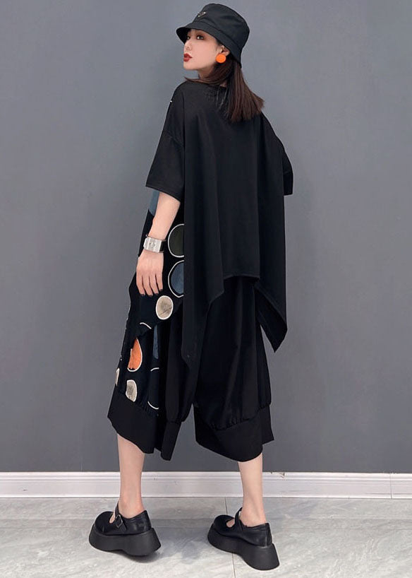 Black Asymmetrical Patchwork Dot Print Cotton Sets 2 Pieces Summer