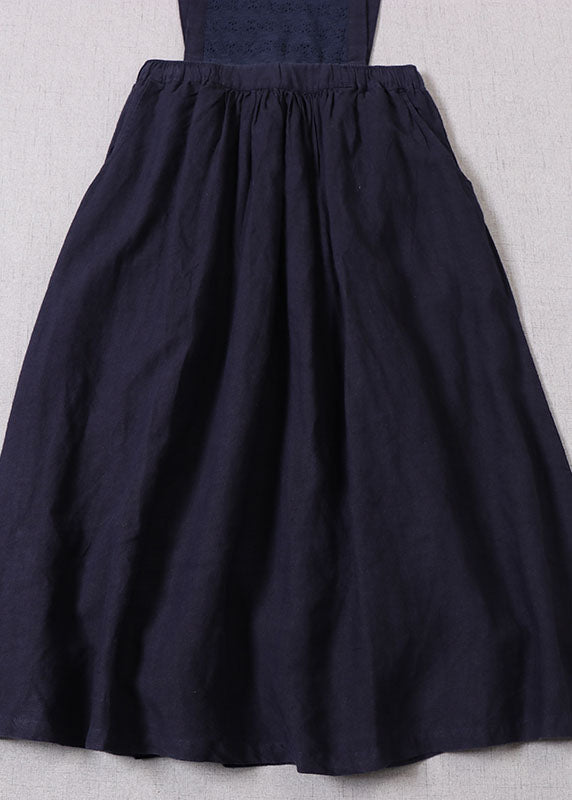 Denim Blue Embroideried High Waist Linen Dress Spring Outfits