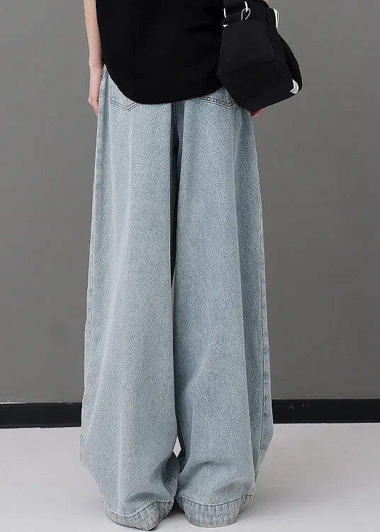 Blue Pockets Patchwork Denim Wide Leg Pants Fall