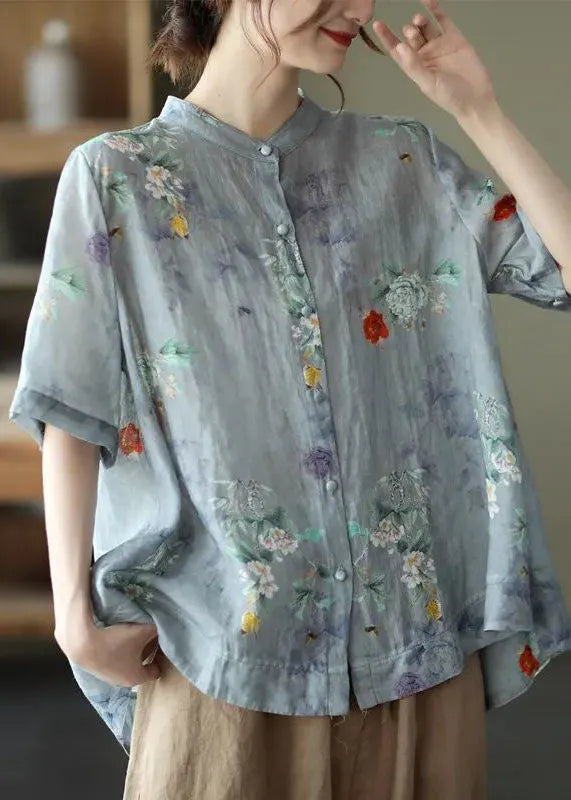 Blue Polka Dots Print Cotton Shirts Low High Design Short Sleeve