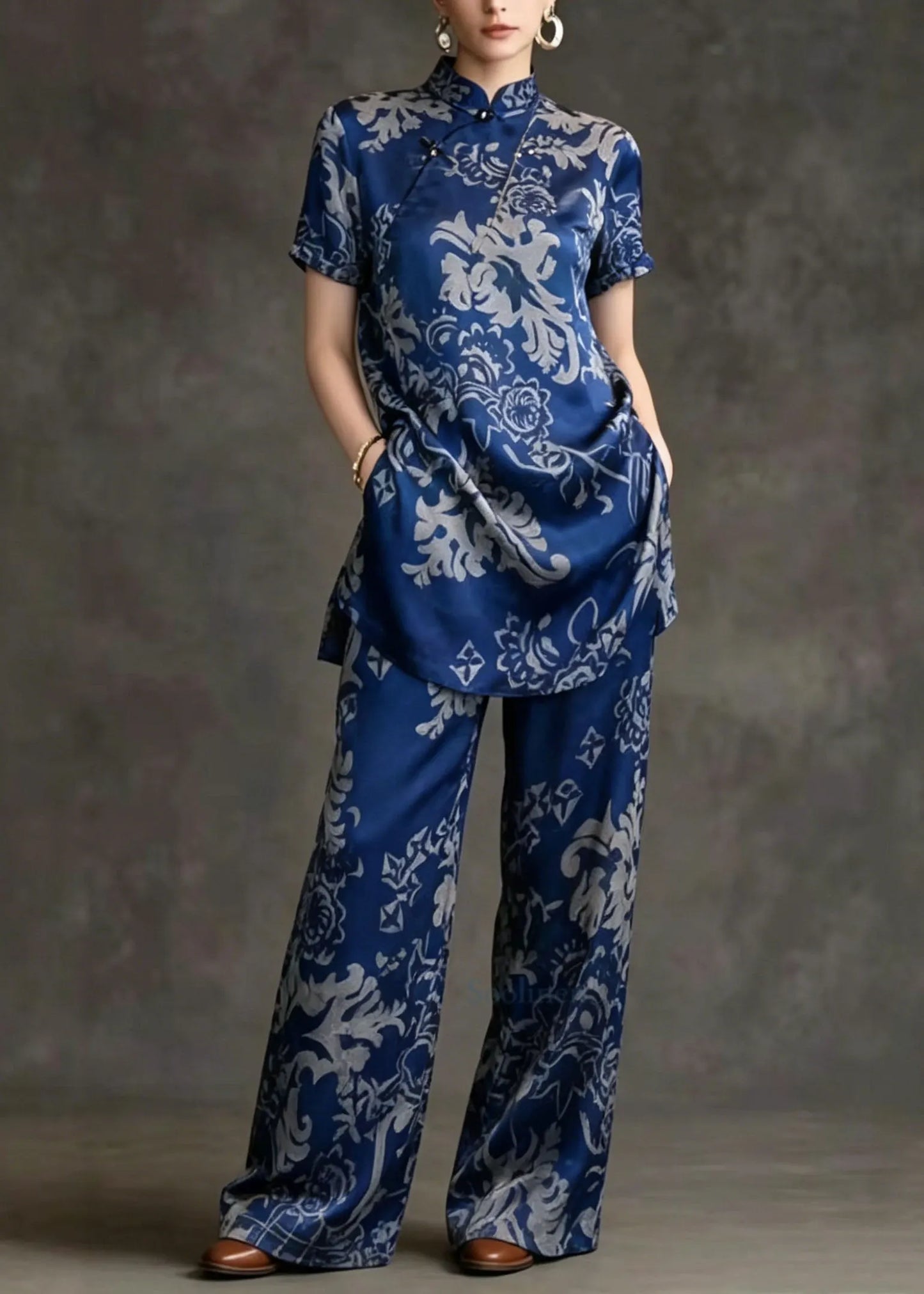 Chinese Style Stand Collar Print Silk Two Pieces Set Summer