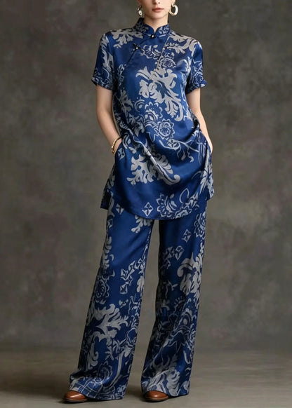 Chinese Style Stand Collar Print Silk Two Pieces Set Summer
