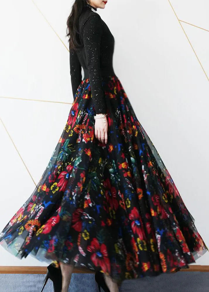 Classy Black Print Exra Large Hem Tulle Skirts Spring