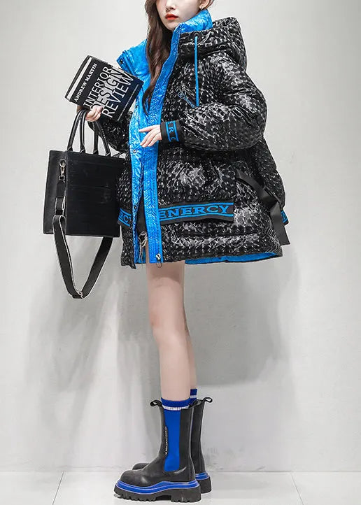 Green Print Zippered Oversized Duck Down Winter Coat Hooded