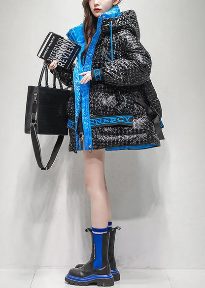Green Print Zippered Oversized Duck Down Winter Coat Hooded