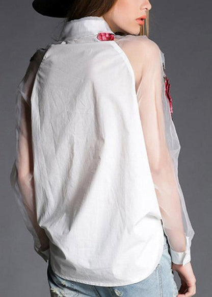 Organza White Peter Pan Collar Embroideried Tulle Patchwork Cotton Shirts Long Sleeve