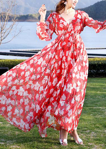 Modern Blue V Neck Print Tie Waist Chiffon Holiday Long Dress Long Sleeve