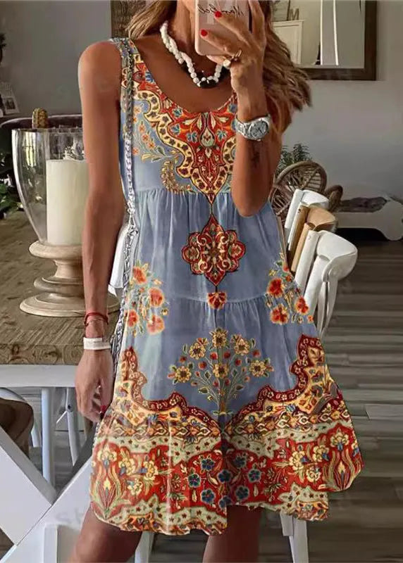 Yellow Green Print Cotton Mid Dress Sleeveless