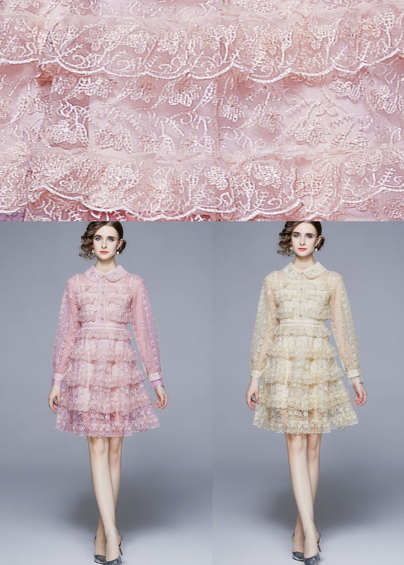 Pink Peter Pan Collar Ruffles Patchwork Mid Dress Long Sleeve