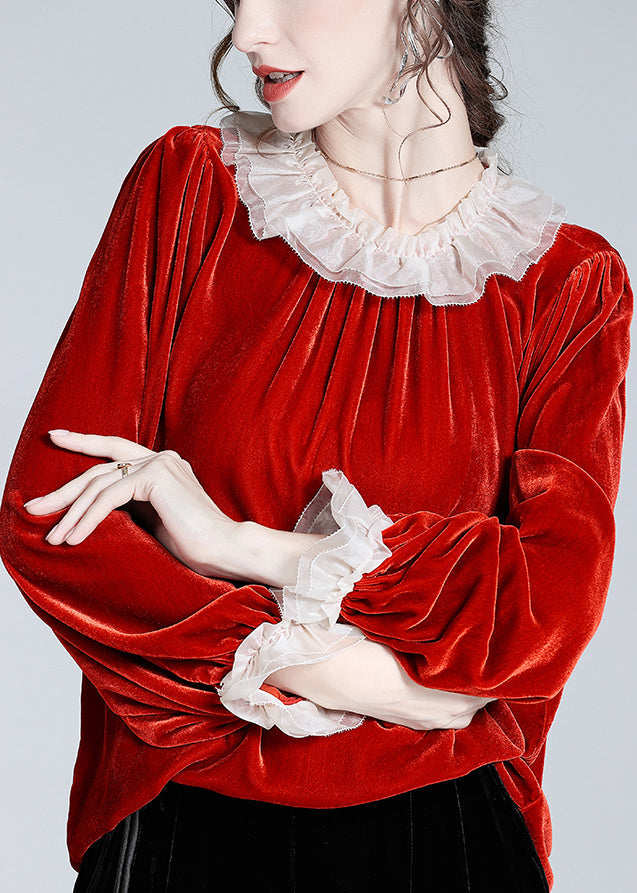Loose Red Ruffled Patchwork Silk Velour Top Butterfly Sleeve