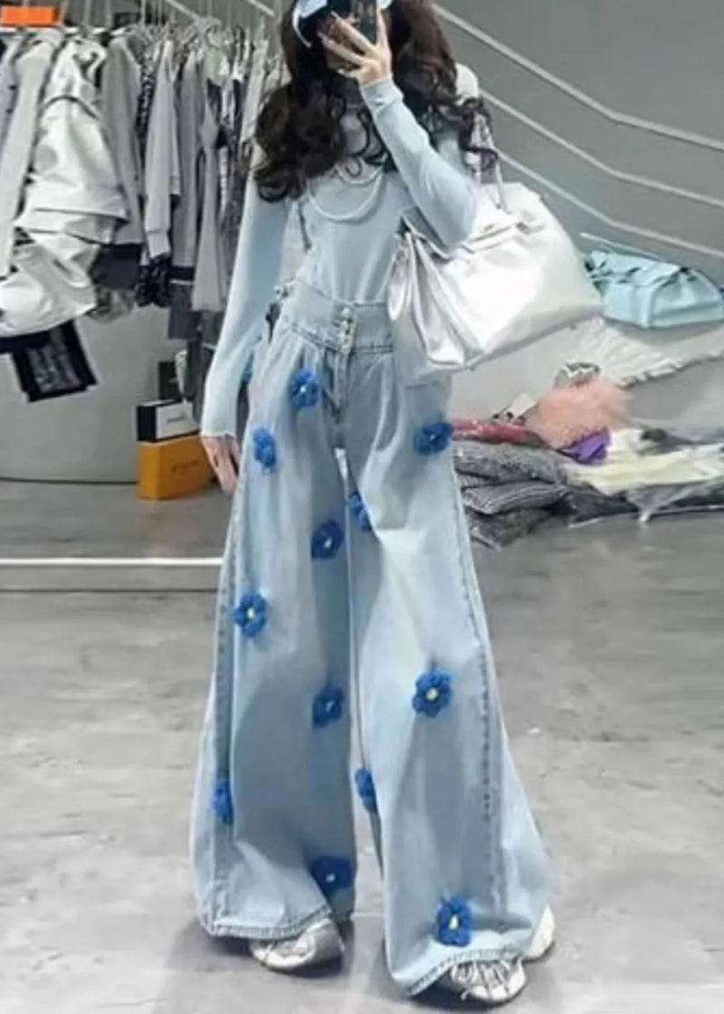 Fitted Light Blue Oversized Denim Wide Leg Pants Fall