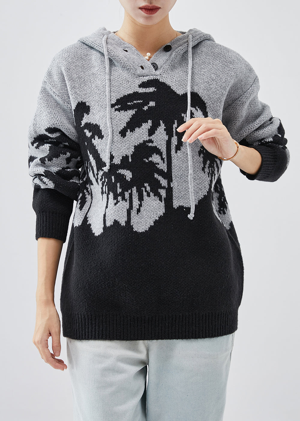 Grey Jacquard Knit Loose Sweatshirts Top Hooded Spring