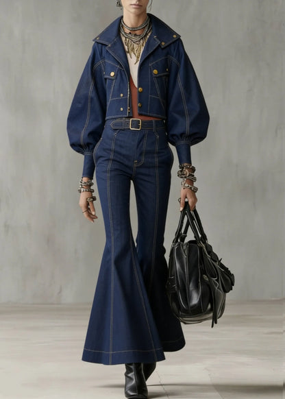 Novelty Denim Blue Patchwork Coat and Flared Trousers Two Pieces Set Flare Sleeve