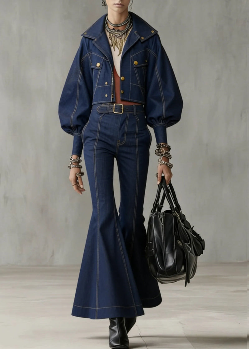Novelty Denim Blue Patchwork Coat and Flared Trousers Two Pieces Set Flare Sleeve