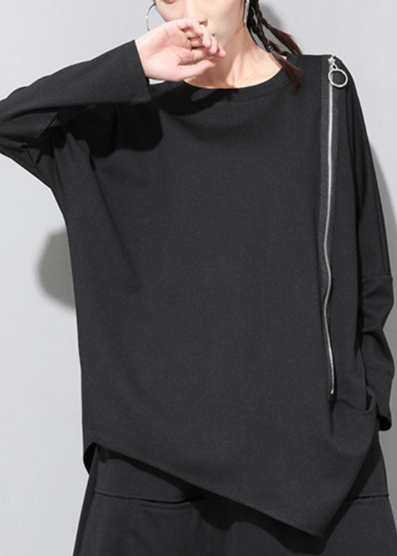 Black O-neck Patchwork Asymmetrical Design Zippered Fall Long Sleeve Top