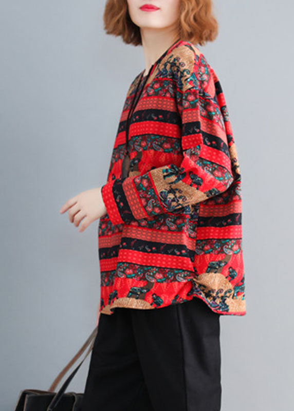 Red Oversized Print Cotton Tops Spring