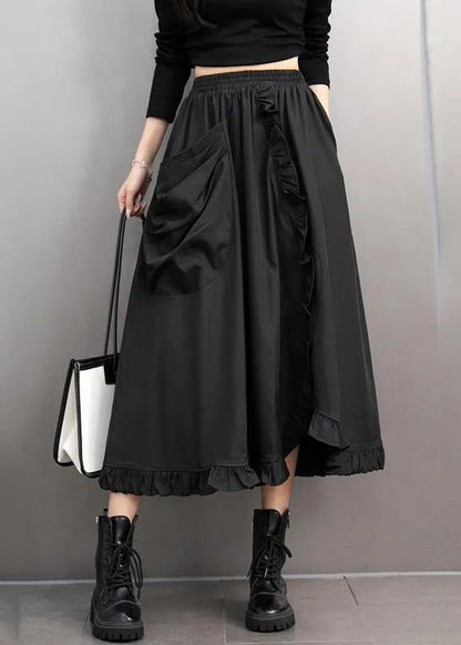 Stylish Black Ruffled Patchwork Pockets Elastic Waist a Line Skirts Spring