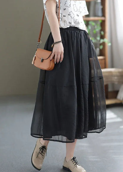 Classy Coffee Elastic Waist Patchwork Organza a Line Skirt Summer