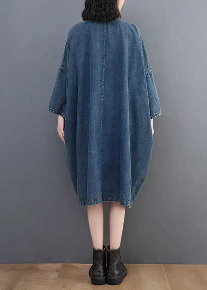 Denim Blue O-neck Patchwork Button Long Dress Long Sleeve