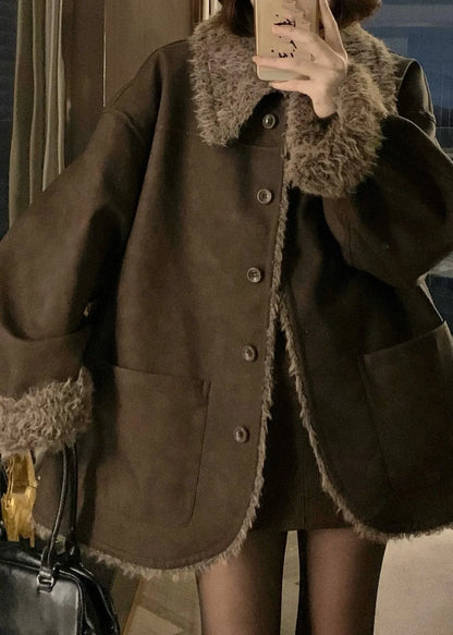 Coffee Peter Pan Collar Button Wear on Both Sides Thick Leather and Fur Coats Winter