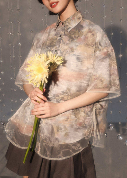 Boutique Peter Pan Collar Lace Up Patchwork Organza Shirt Summer