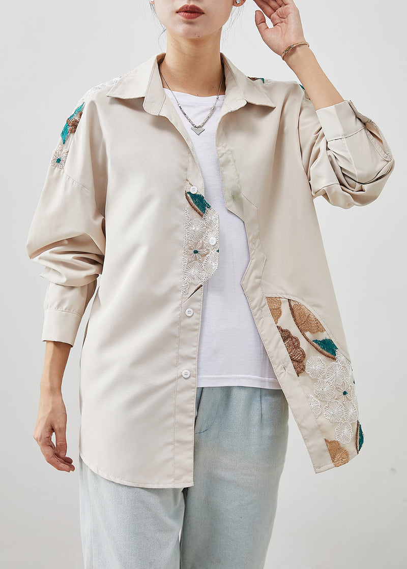 Beige Patchwork Cotton Shirts Embroideried Fall