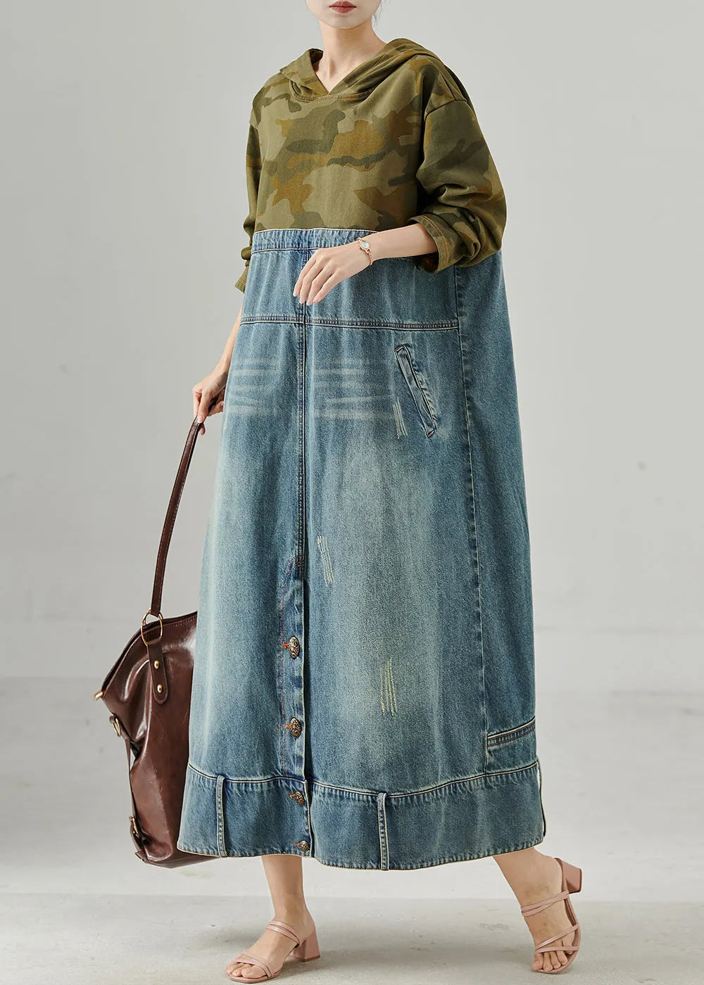 Original Design Hooded Patchwork Denim Maxi Dress Spring