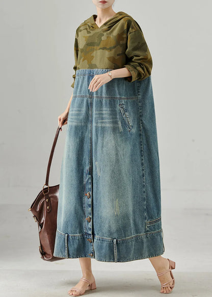 Original Design Hooded Patchwork Denim Maxi Dress Spring
