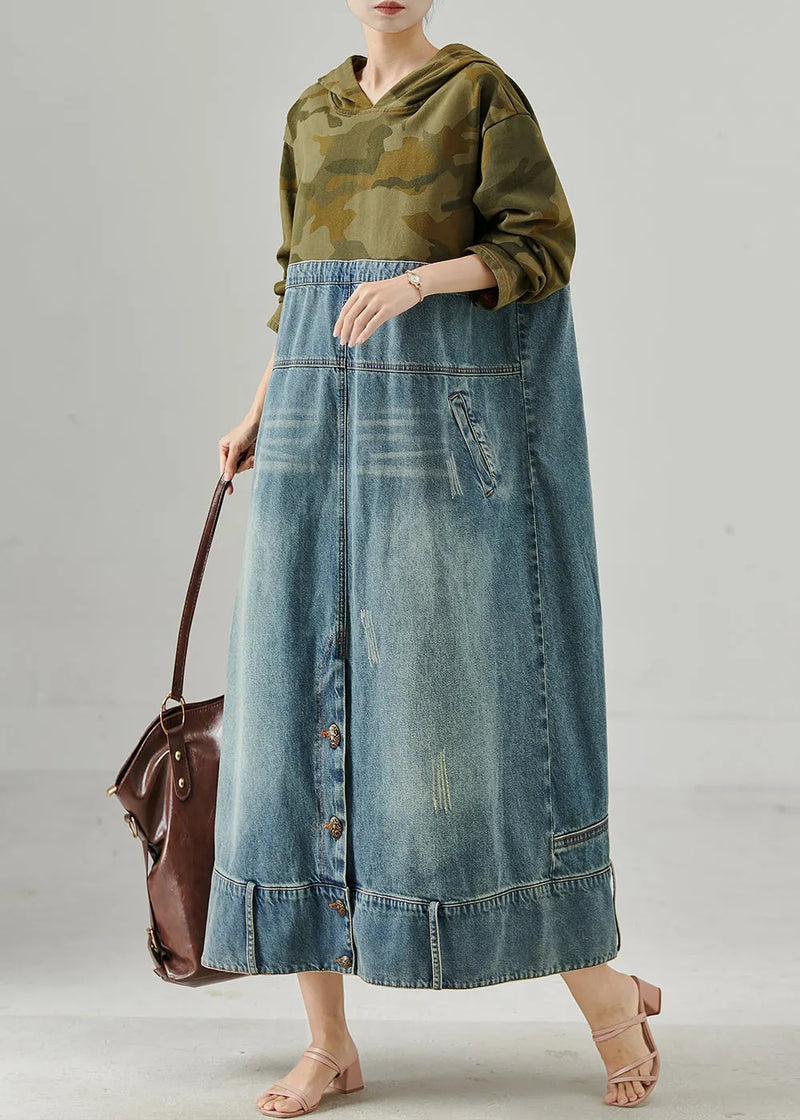 Original Design Hooded Patchwork Denim Maxi Dress Spring