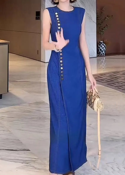 French Blue O Neck Button Front Open Denim Long Dresses Sleeveless