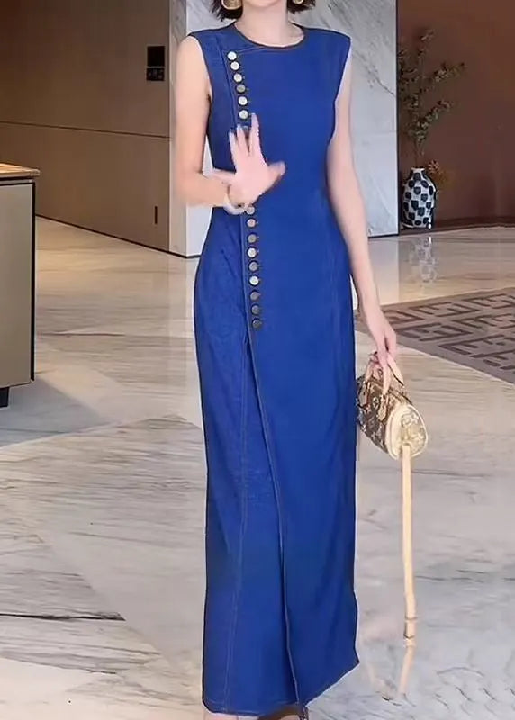 French Blue O Neck Button Front Open Denim Long Dresses Sleeveless
