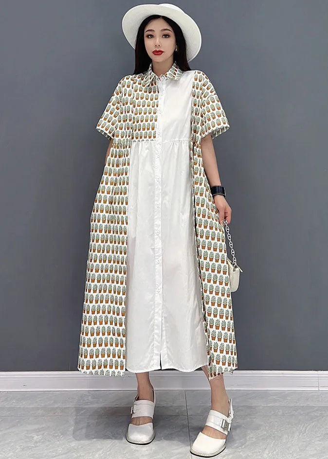 White Peter Pan Collar Cotton Shirt Dress Asymmetrical Design Print Short Sleeve