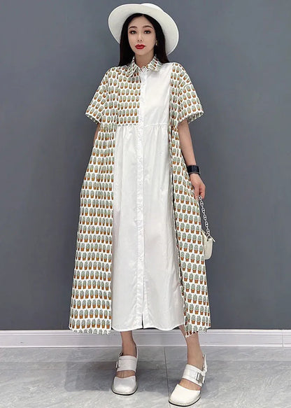 White Peter Pan Collar Cotton Shirt Dress Asymmetrical Design Print Short Sleeve