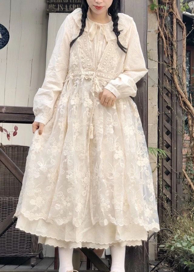 Beige Embroideried Lace Up Patchwork Lace Dress Sleeveless