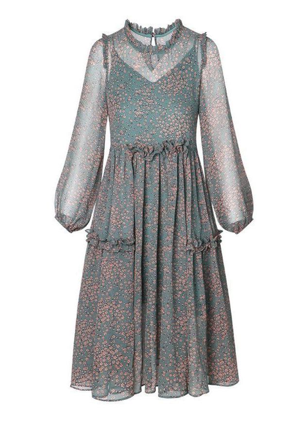 Boutique Green O-neck Ruffled Print Chiffon Dresses Half Sleeve