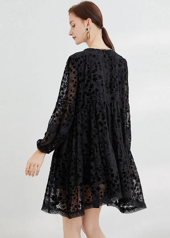 Black Silk Velour Dresses O-neck Hollow Out Long Sleeve