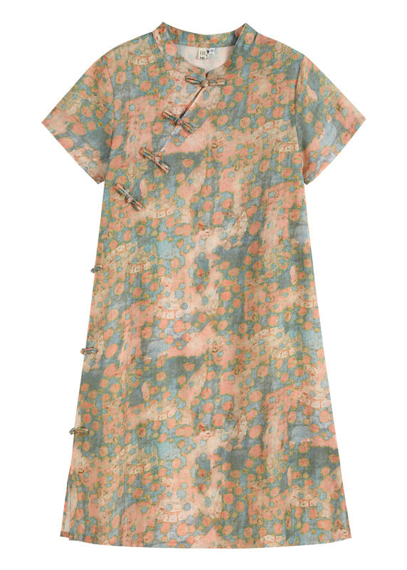 Pink Stand Collar Print Linen Cheongsam Dress Short Sleeve