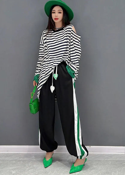 French Cold Shoulder Striped Print Cotton Tops and Pants Two Piece Set Outfits Spring