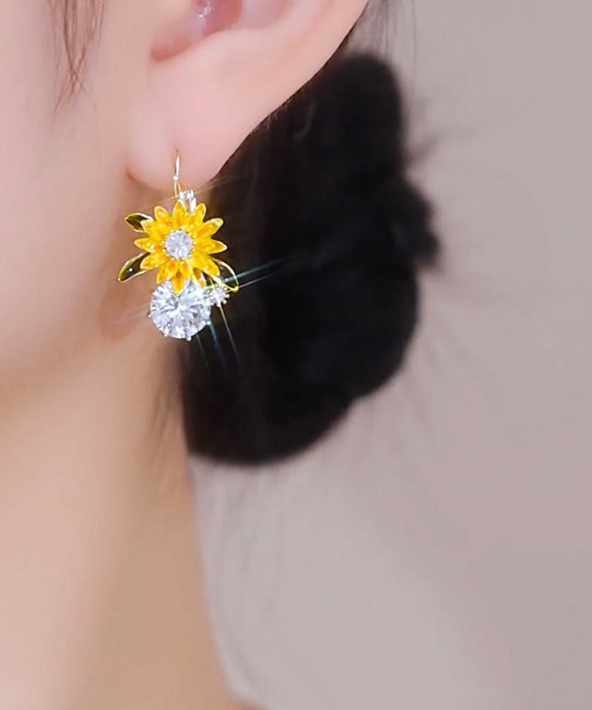 Gold Copper Overgild Zircon Sunflower Drop Earrings