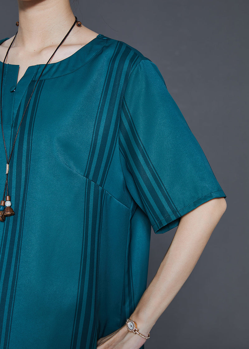 French Blackish Green Oversized Striped Silk Two Pieces Set Summer