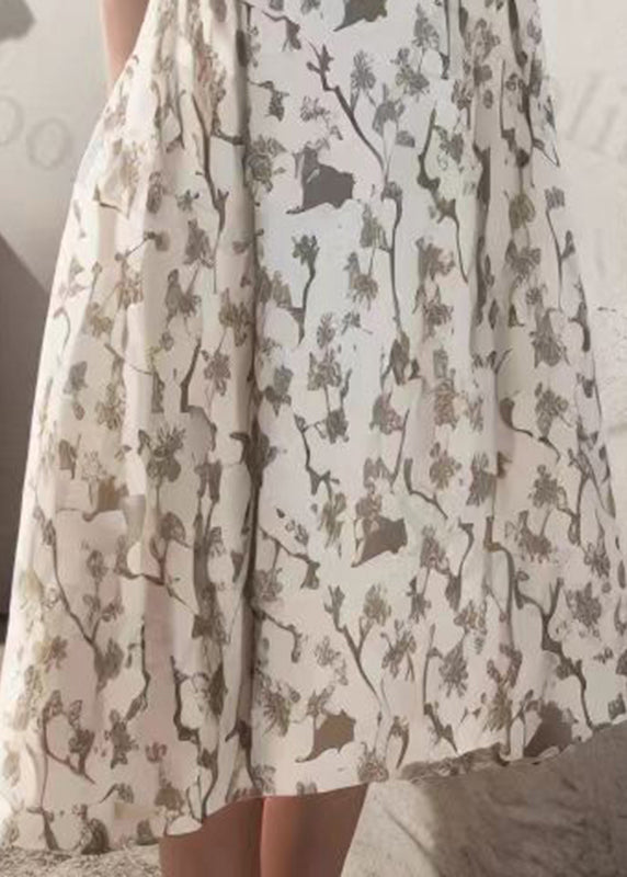 Beige V Neck Print Silk Maxi Dress Summer